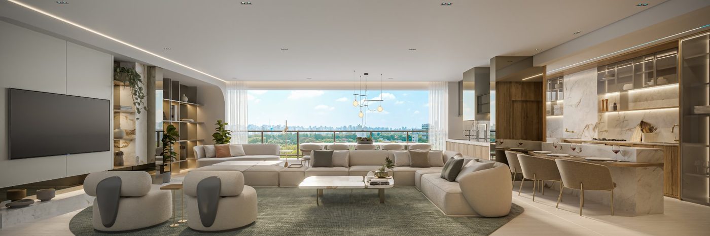 Living do apartamento de 161 m² na opção living ampliado, decorado