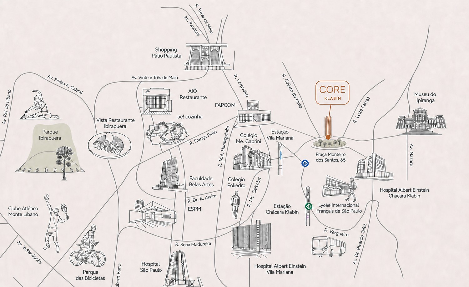 Mapa de localização do Core Klabin, na Praça Monteiro dos Santos, com o entorno da Chácara Klabin