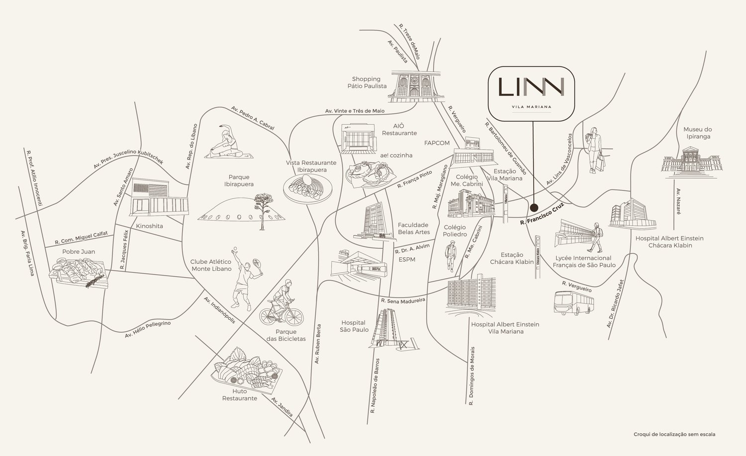 Mapa de localização do LINN Vila Mariana, na Rua Francisco Cruz, com o entorno da Vila Mariana