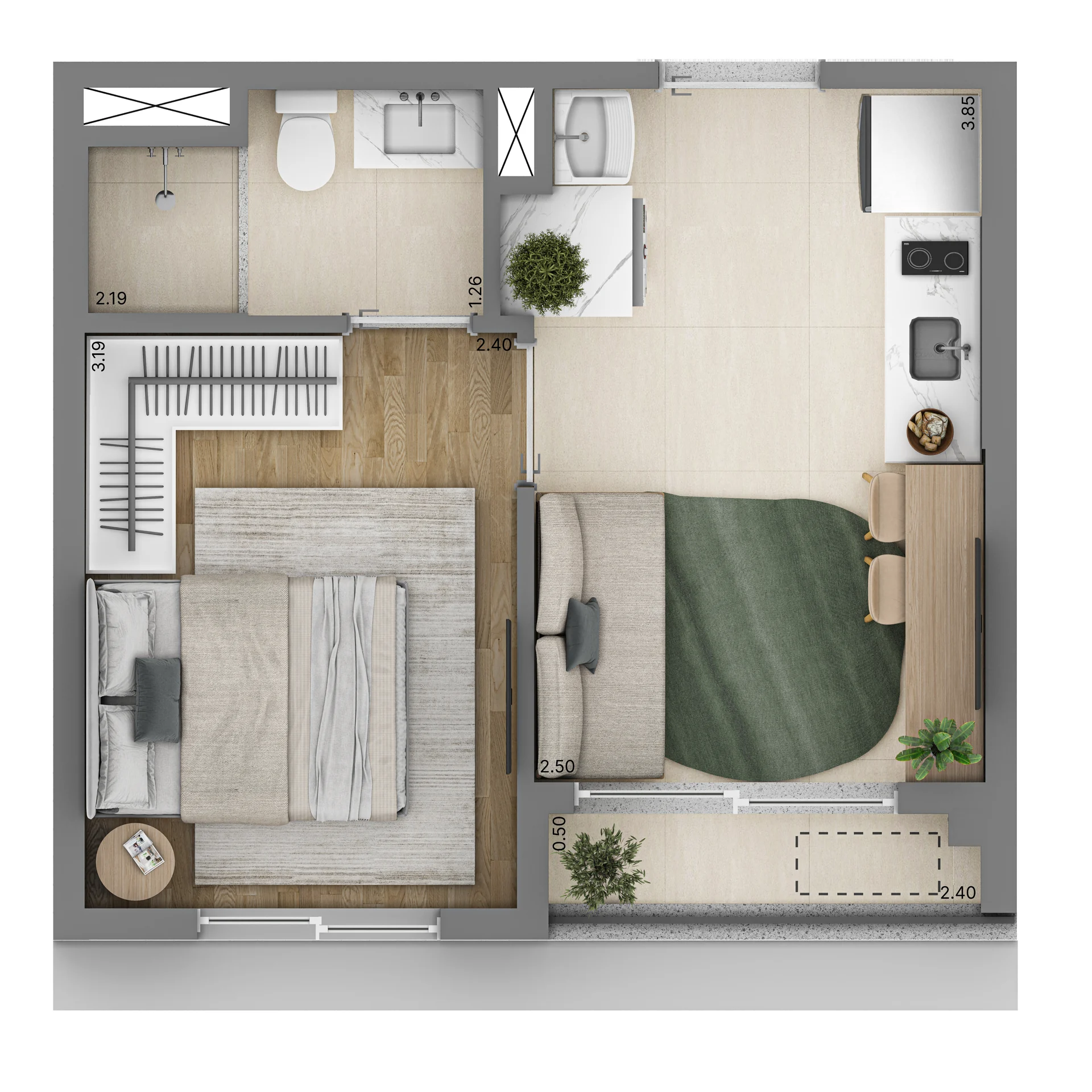 Planta do apartamento de 28 m², 1 dormitório, do NIK Vila Mariana