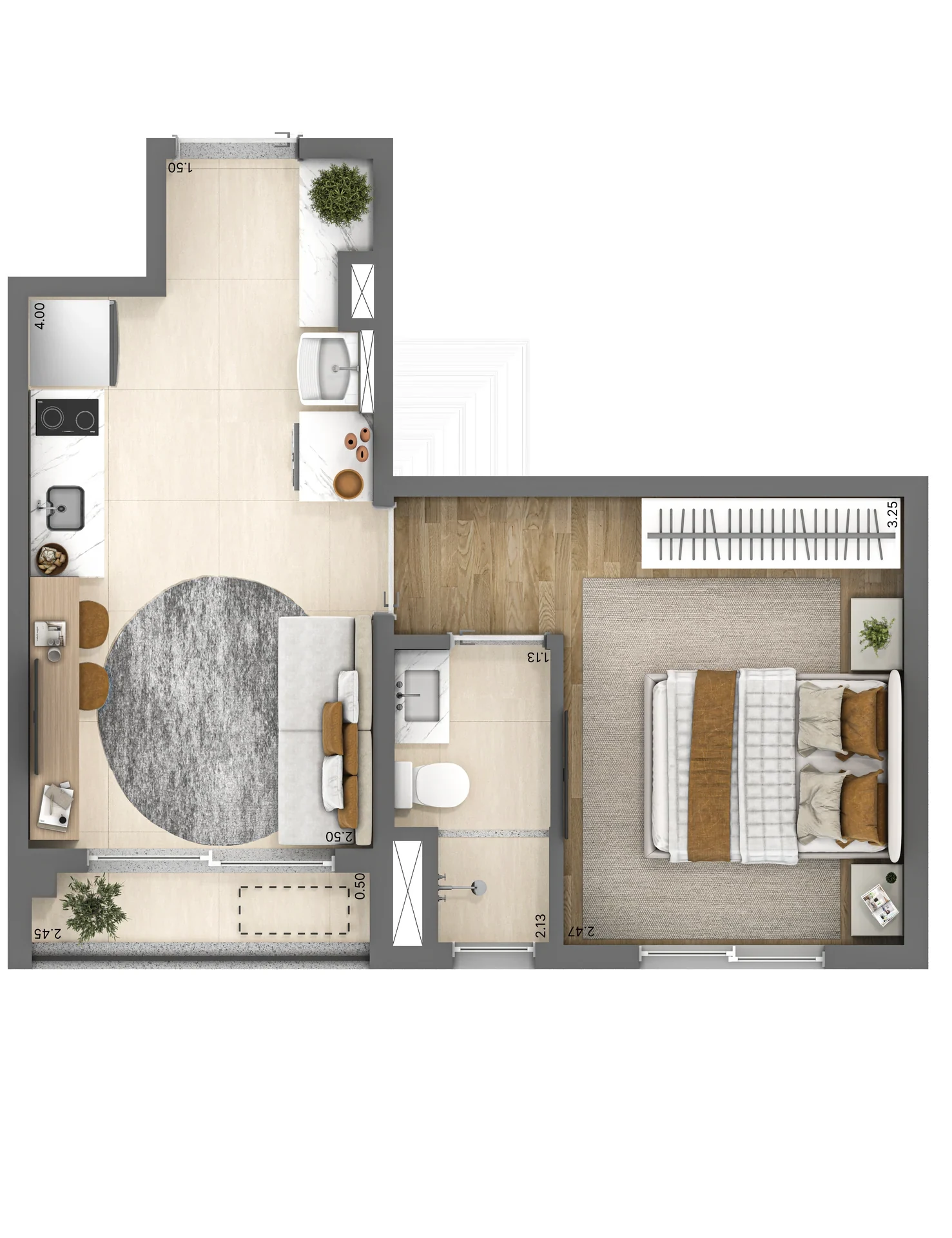 Planta do apartamento de 24 m², 1 dormitório, do NIK Vila Mariana