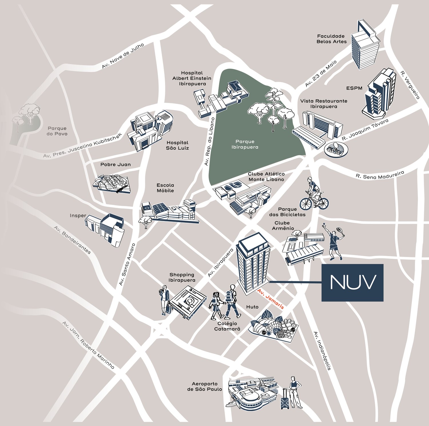 Mapa de localização do NUV Moema, na Avenida Jamaris, com o entorno de Moema