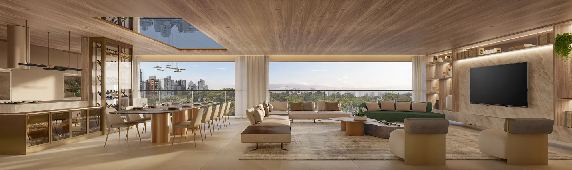 Living do apartamento de 253 m² do Taj Ibirapuera, com vista panorâmica para o verde
